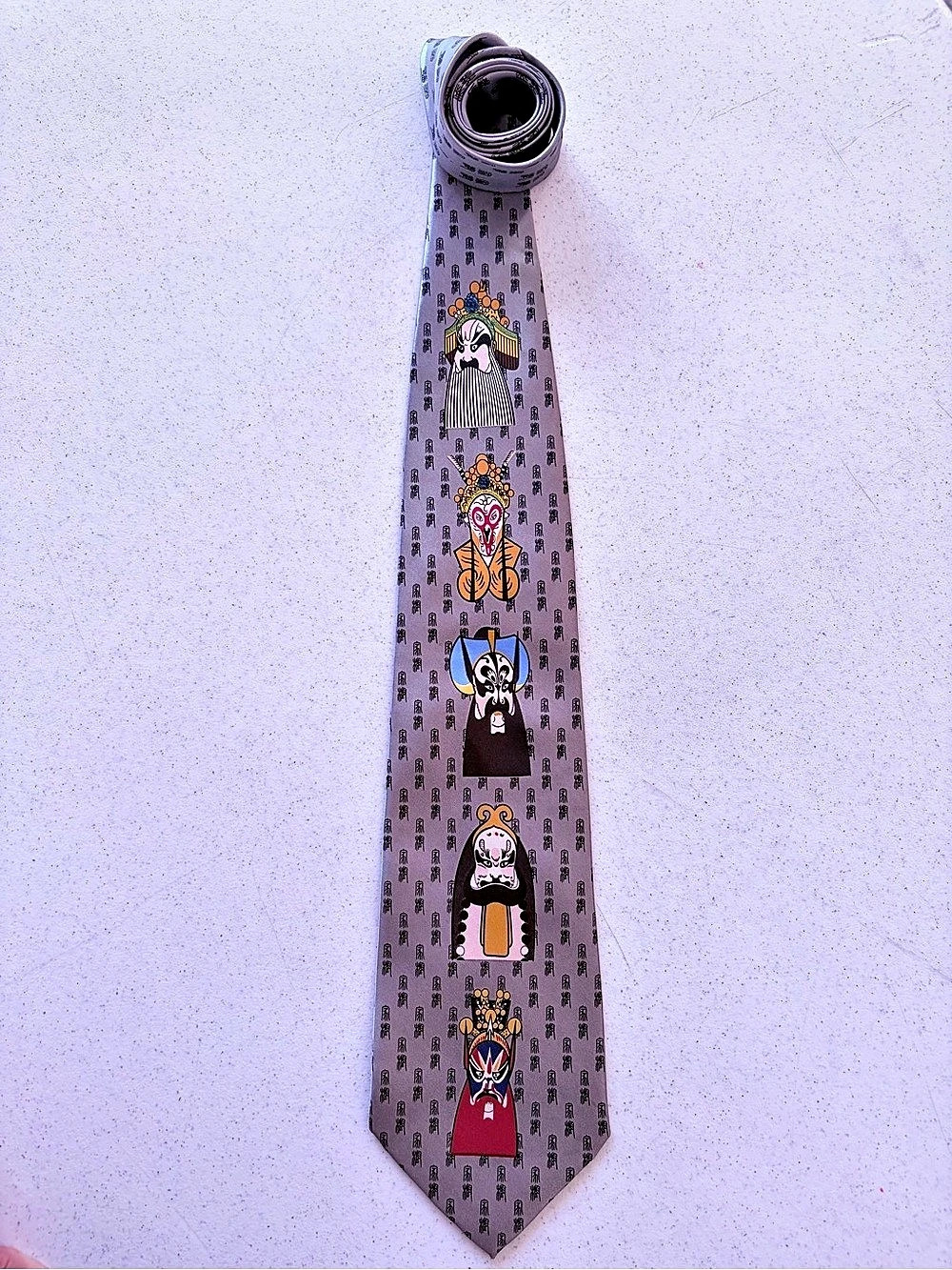 Kai Long Chinese Opera Print Tie in Purple & Pink